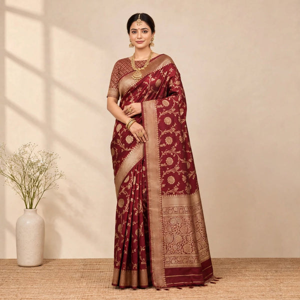 Maroon Soft Organza Partywear Saree For Women