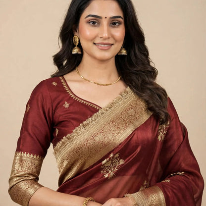 Maroon Tissue Silk Soft Organza Partywear Saree For Women