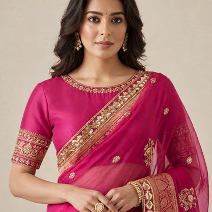 Magenta Pink Soft Organza Partywear Saree For Women
