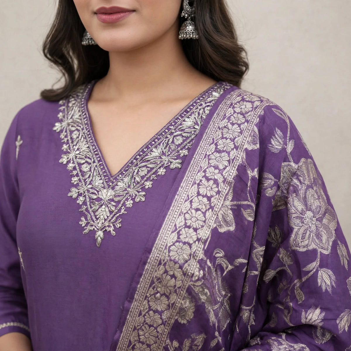 Purple Roman Silk Partywear 3pc Suit Set For Women