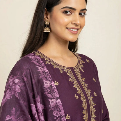 Purple Roman Silk Partywear Suit Set For Women
