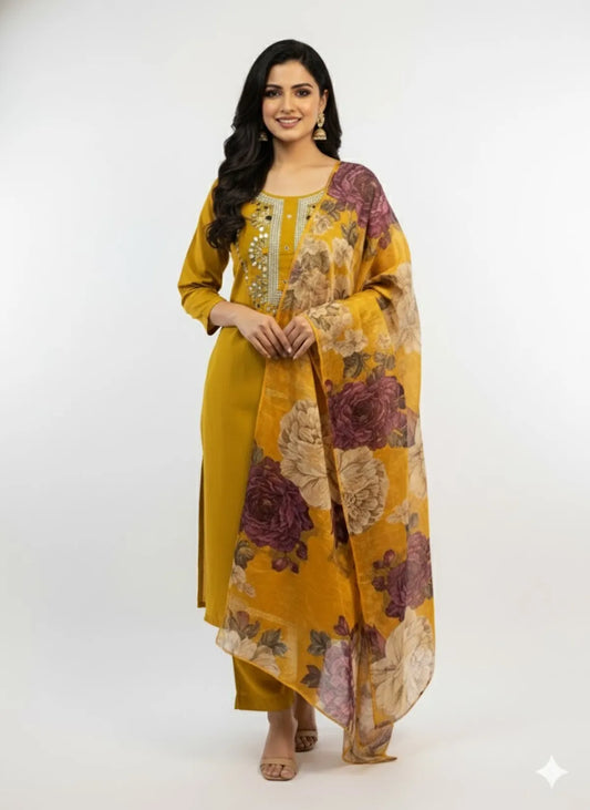 Yellow Cotton Silk Partywear Suit Set For Women