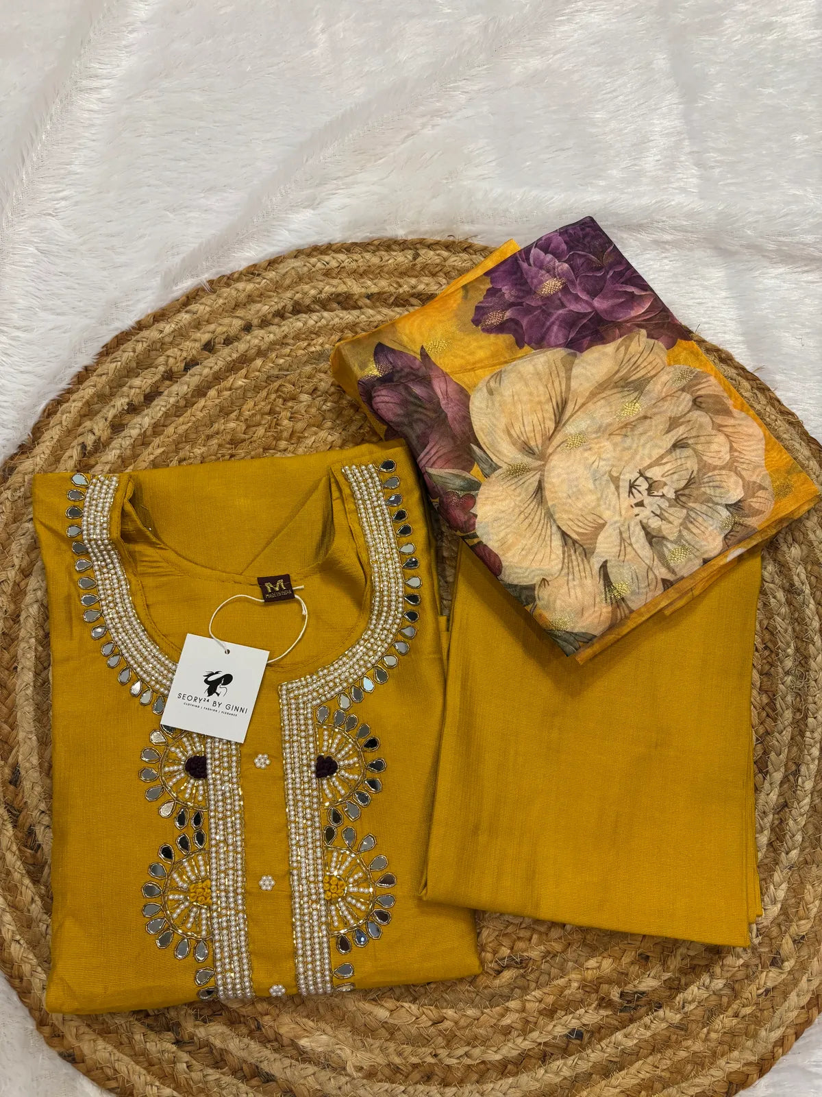 Yellow Cotton Silk Partywear Suit Set For Women