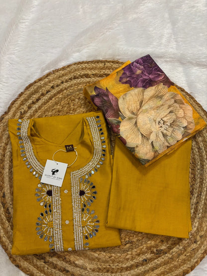 Yellow Cotton Silk Partywear Suit Set For Women
