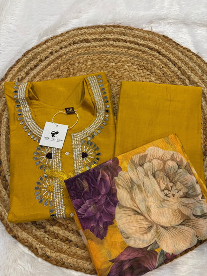 Yellow Cotton Silk Partywear Suit Set For Women