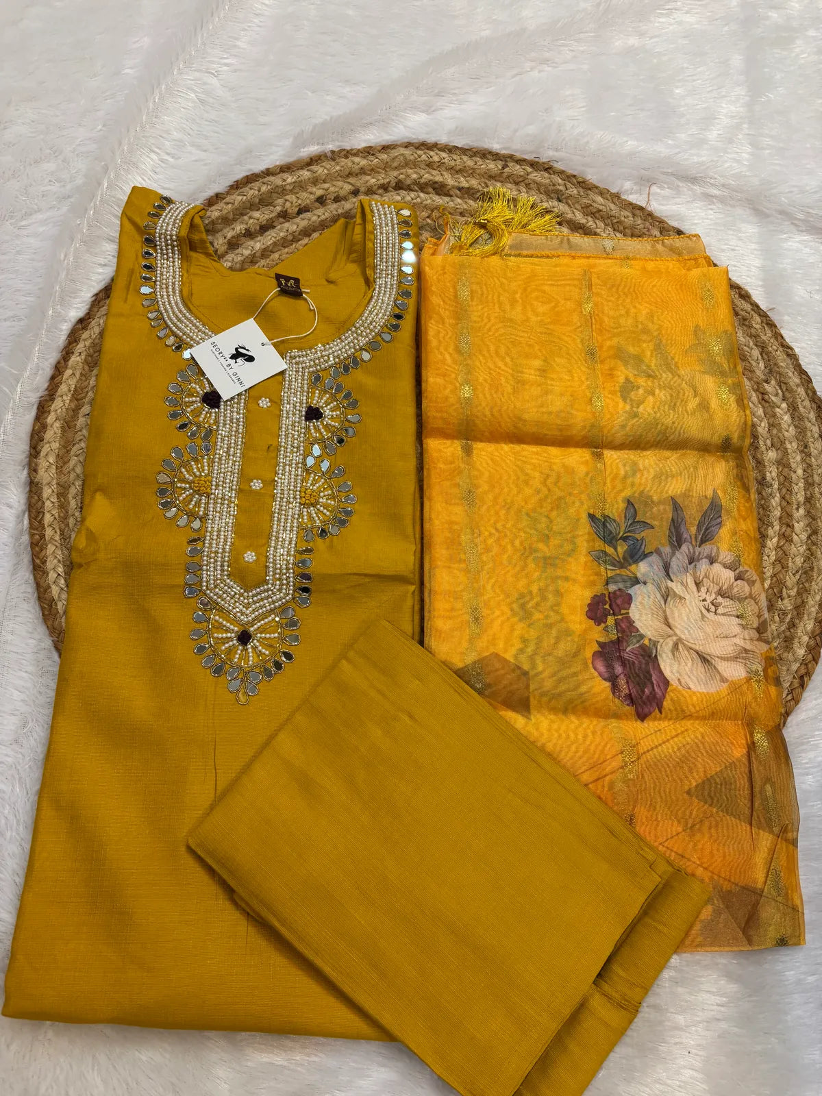 Yellow Cotton Silk Partywear Suit Set For Women