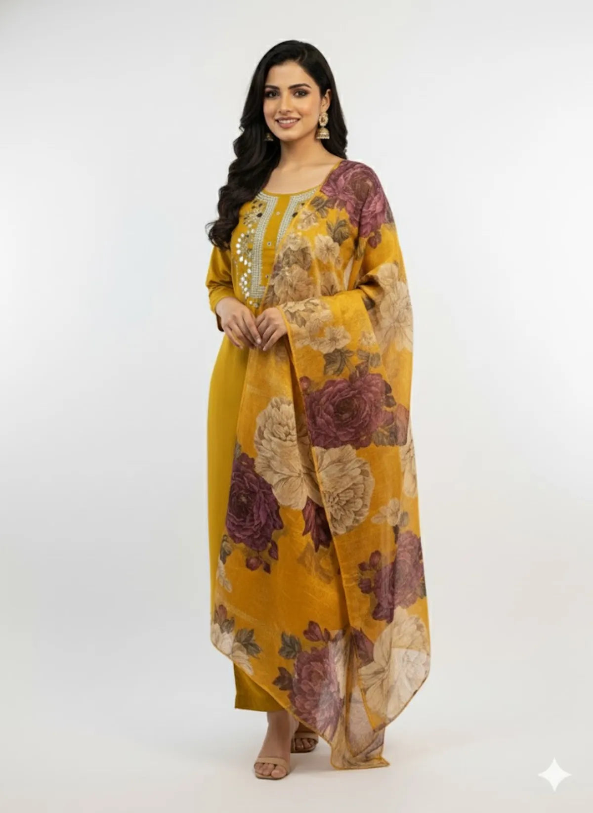 Yellow Cotton Silk Partywear Suit Set For Women