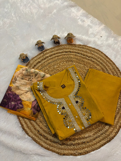 Yellow Cotton Silk Partywear Suit Set For Women