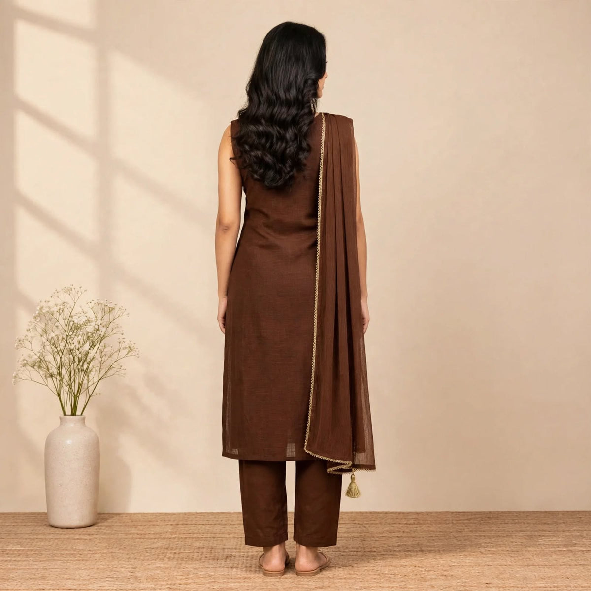 Brown Cotton Partywear Suit Set For Women