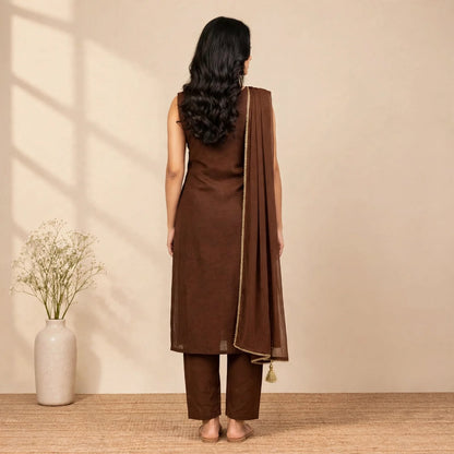 Brown Cotton Partywear Suit Set For Women