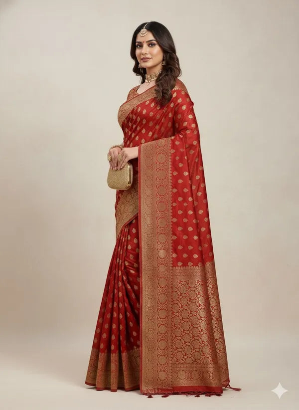 Red Soft Organza Partywear Saree For Women