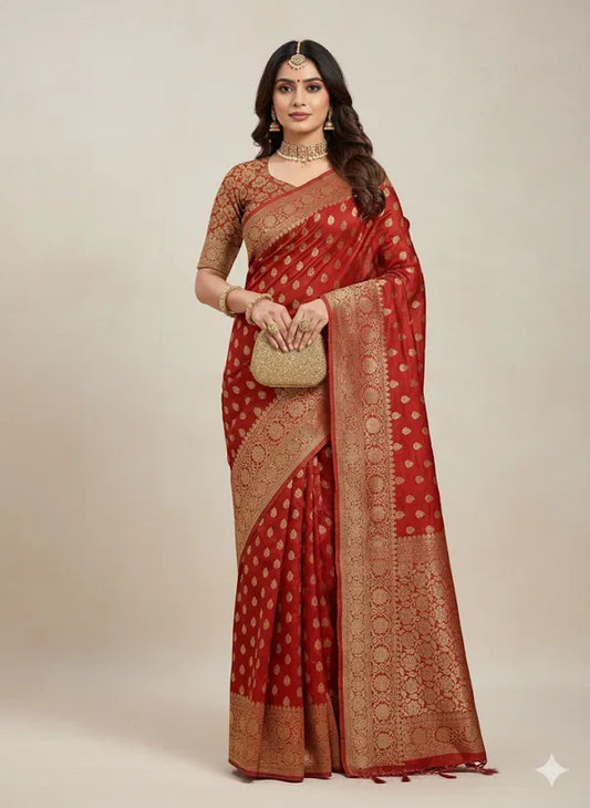 Red Soft Organza Partywear Saree For Women