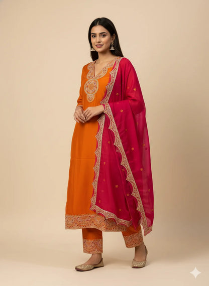 Rust Roman Silk Partywear 3pc Suit Set For Women