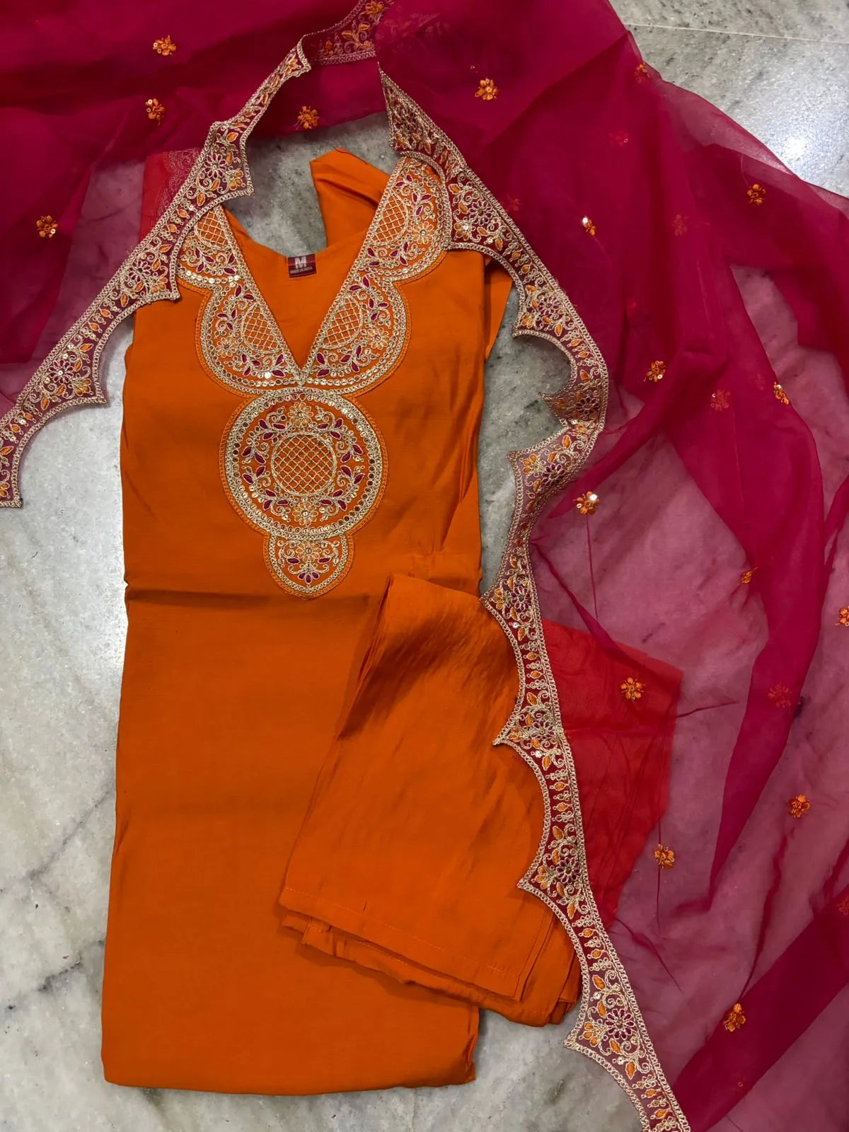 Rust Roman Silk Partywear 3pc Suit Set For Women