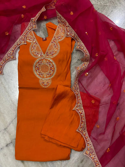 Rust Roman Silk Partywear 3pc Suit Set For Women