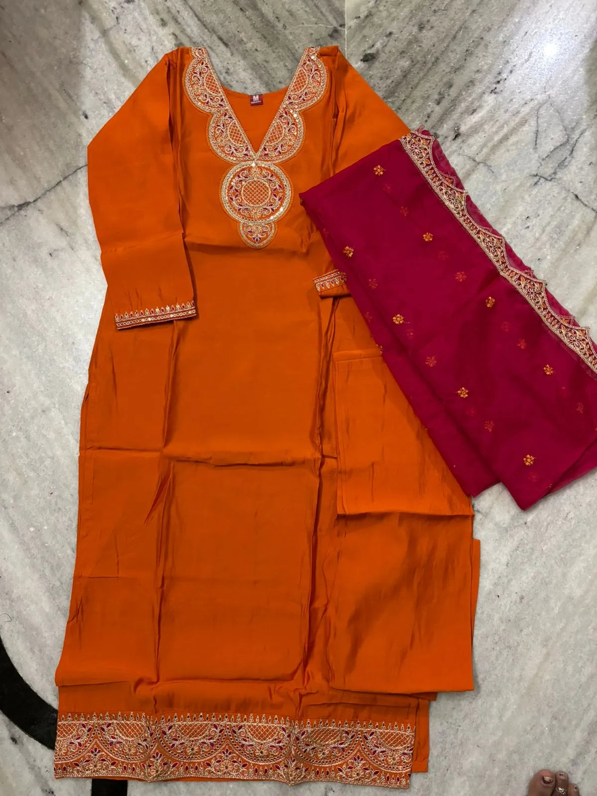 Rust Roman Silk Partywear 3pc Suit Set For Women