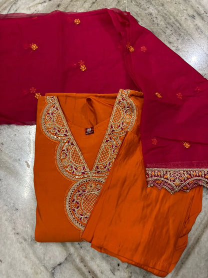 Rust Roman Silk Partywear 3pc Suit Set For Women