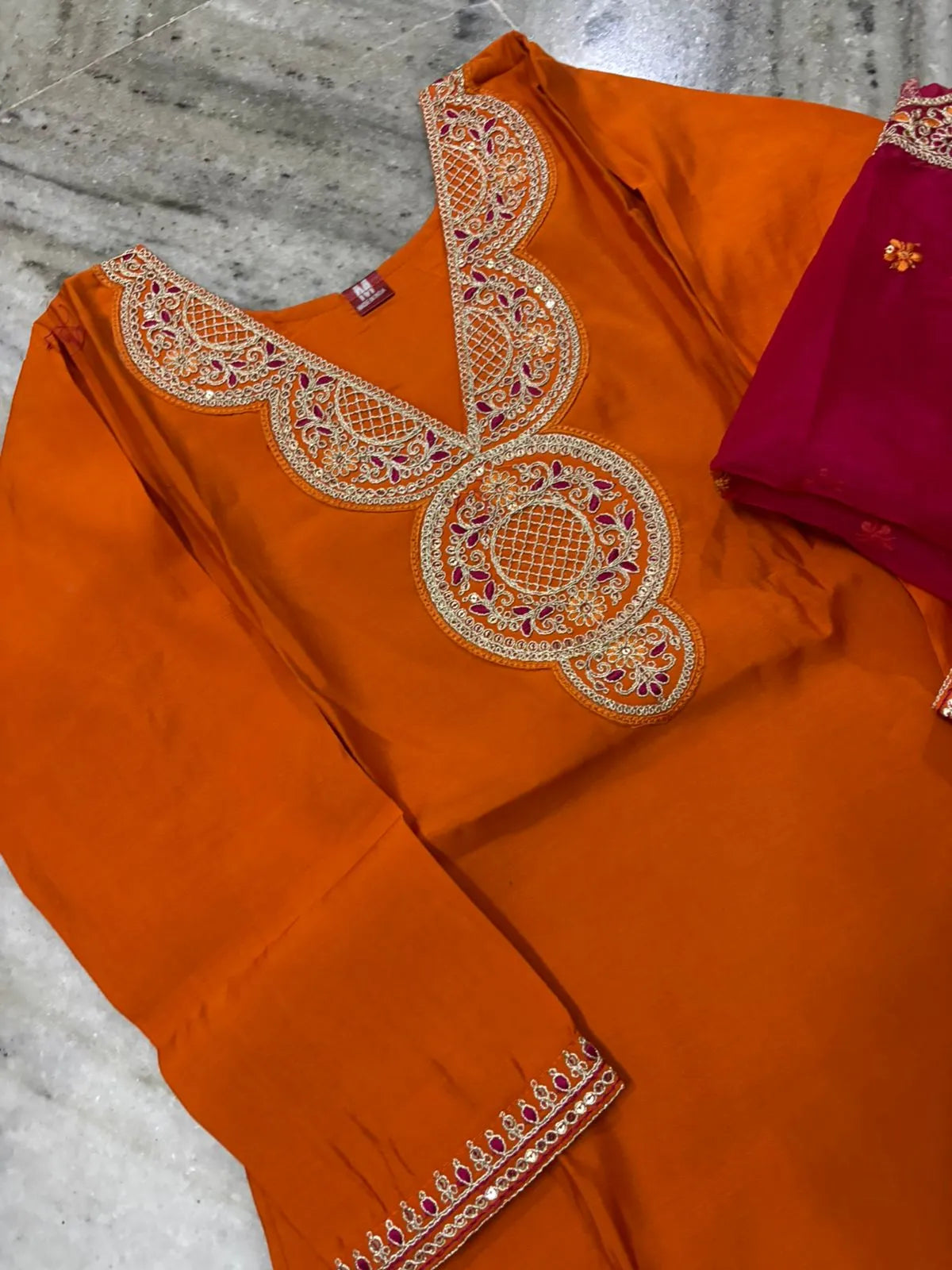 Rust Roman Silk Partywear 3pc Suit Set For Women