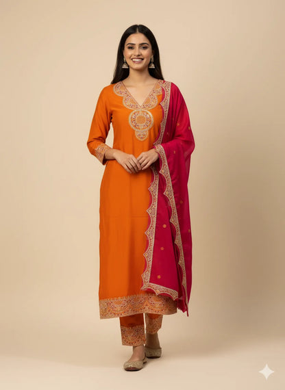 Rust Roman Silk Partywear 3pc Suit Set For Women