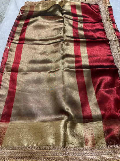 Maroon Tissue Silk Soft Organza Partywear Saree For Women