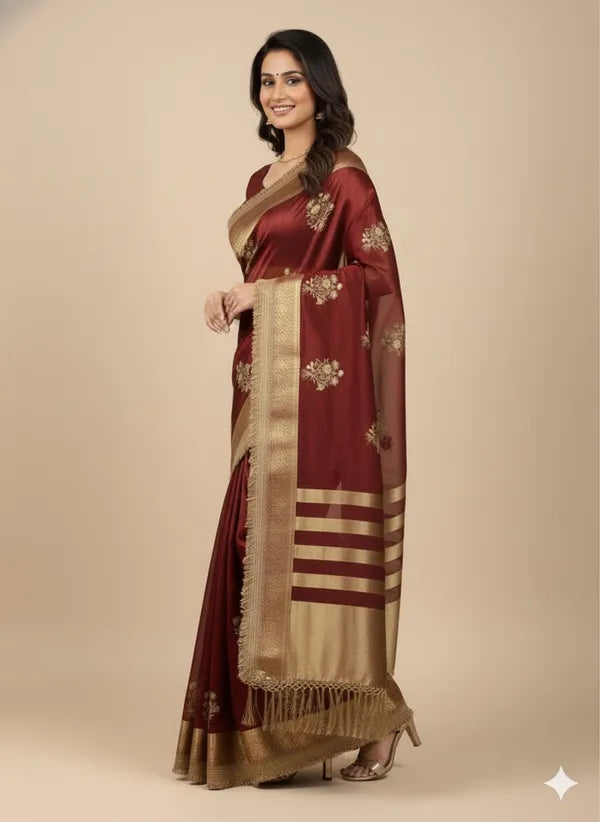 Maroon Tissue Silk Soft Organza Partywear Saree For Women