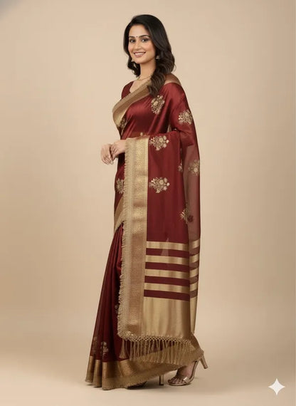 Maroon Tissue Silk Soft Organza Partywear Saree For Women