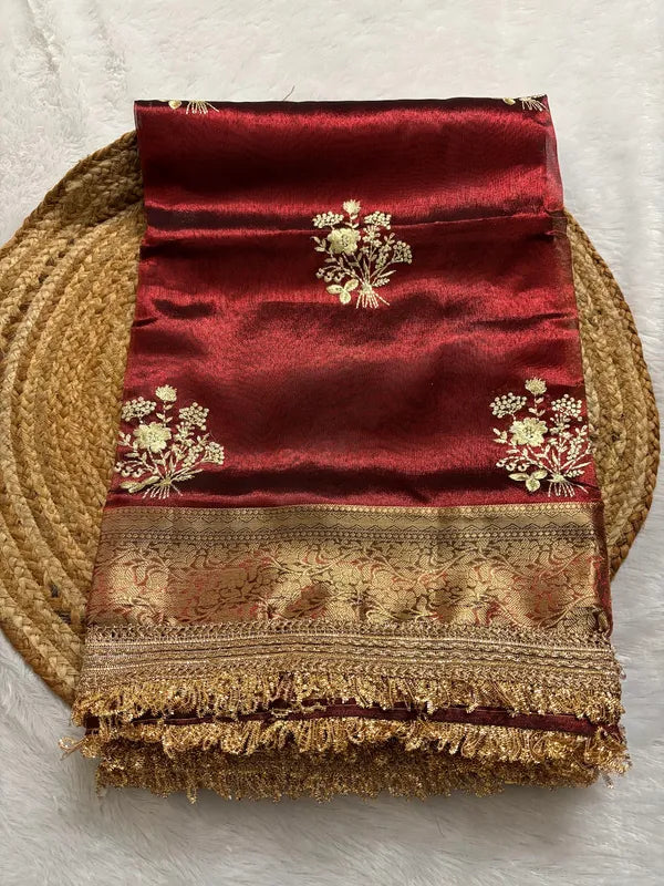 Maroon Tissue Silk Soft Organza Partywear Saree For Women