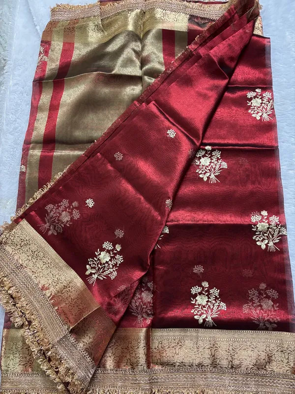 Maroon Tissue Silk Soft Organza Partywear Saree For Women