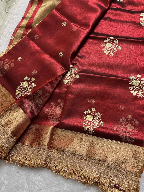 Maroon Tissue Silk Soft Organza Partywear Saree For Women