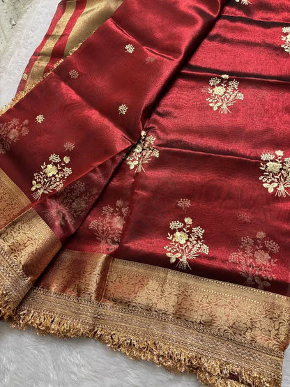 Maroon Tissue Silk Soft Organza Partywear Saree For Women