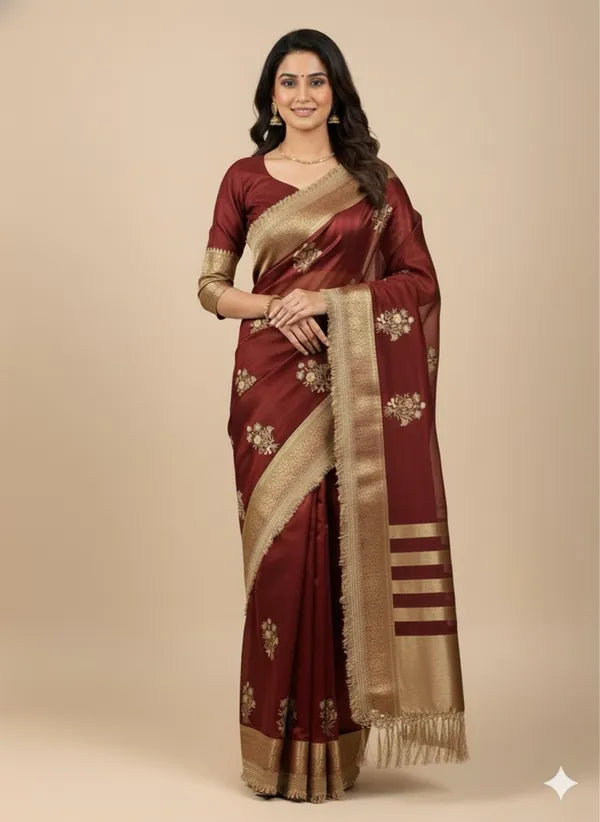 Maroon Tissue Silk Soft Organza Partywear Saree For Women