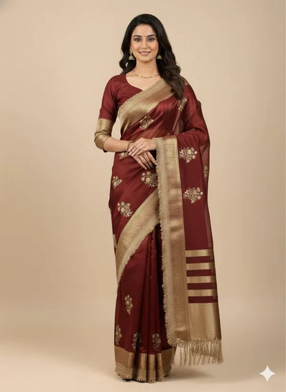 Maroon Tissue Silk Soft Organza Partywear Saree For Women