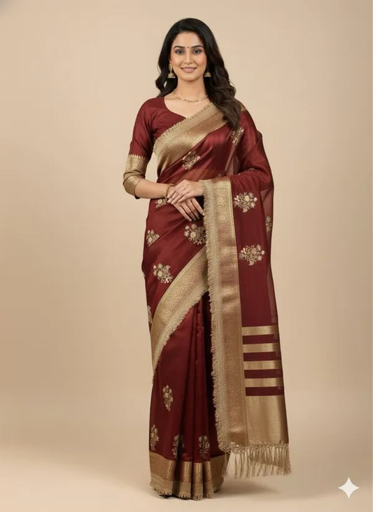 Maroon Tissue Silk Soft Organza Partywear Saree For Women
