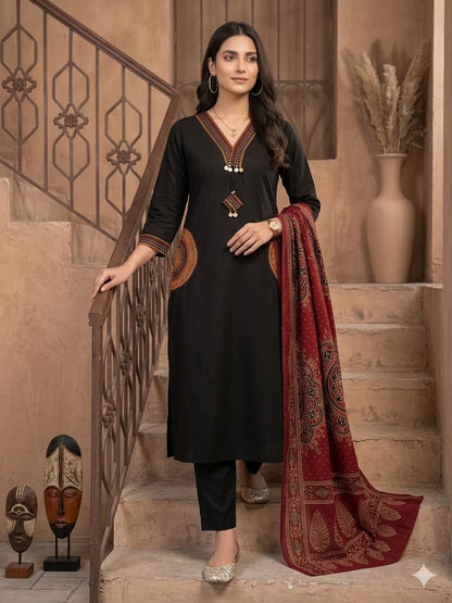 BLACK RED Cotton 3PC for Women