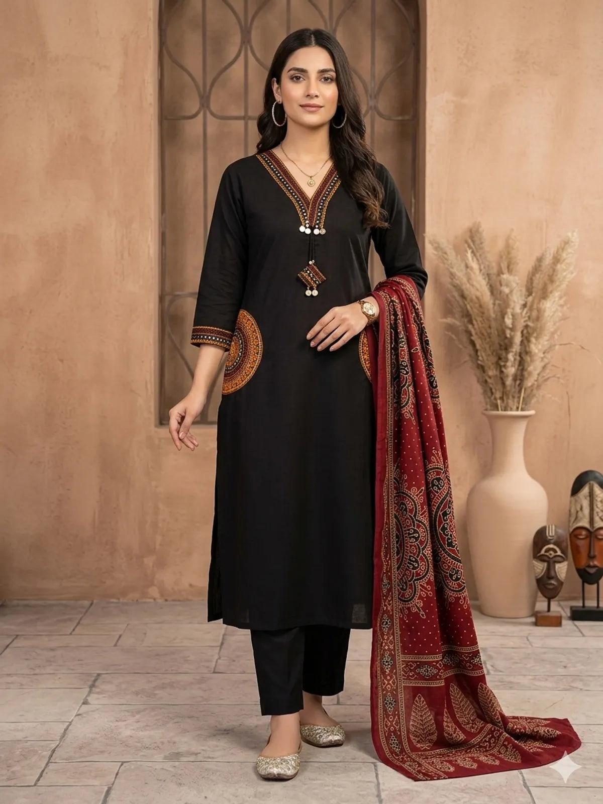 BLACK RED Cotton 3PC for Women