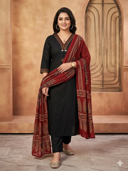 BLACK RED Cotton 3PC for Women