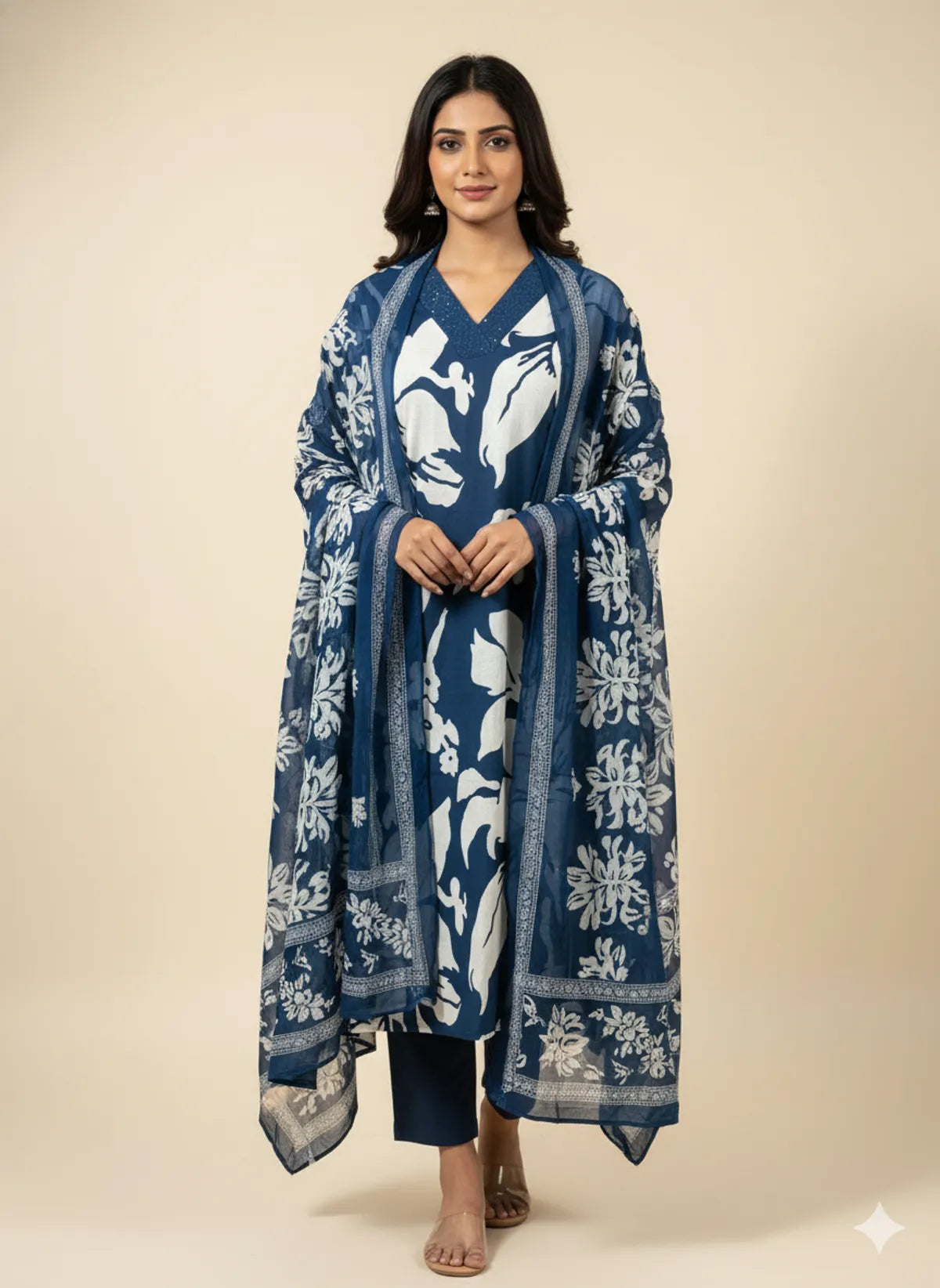 Navy Blue Cotton Partywear Suit Set For Women