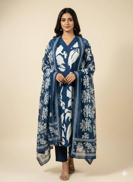 Navy Blue Cotton Partywear Suit Set For Women