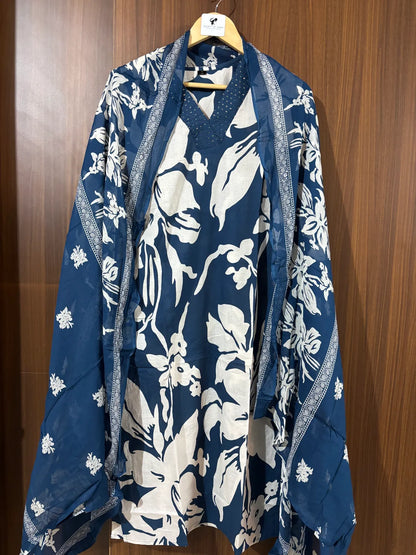 Navy Blue Cotton Partywear Suit Set For Women