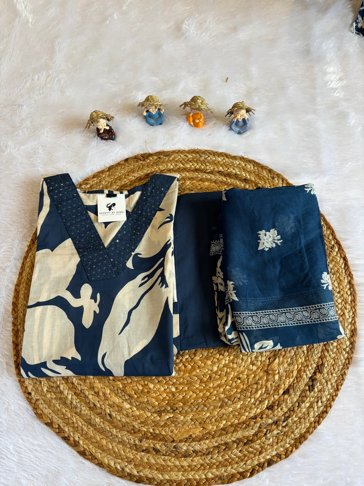 Navy Blue Cotton Partywear Suit Set For Women