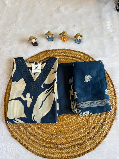 Navy Blue Cotton Partywear Suit Set For Women