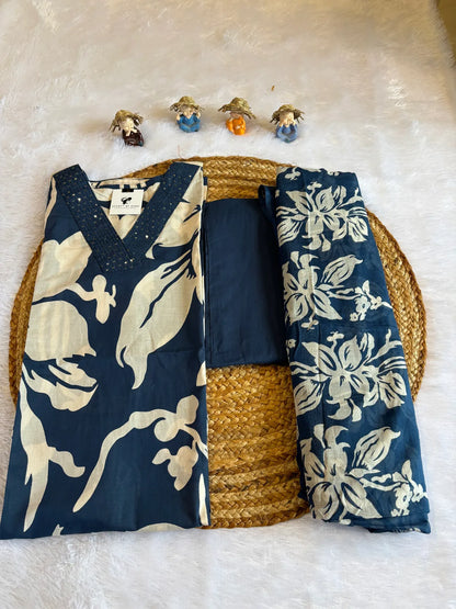 Navy Blue Cotton Partywear Suit Set For Women