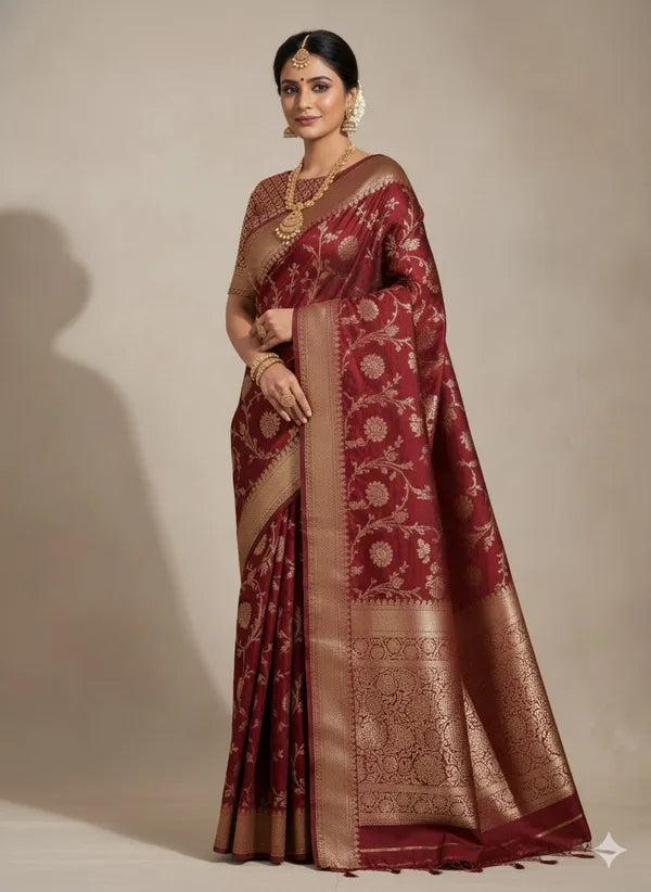 Maroon Soft Organza Partywear Saree For Women