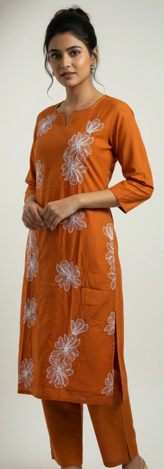 Rust Cotton Partywear 2pc Suit Set For Women