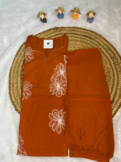 Rust Cotton Partywear 2pc Suit Set For Women