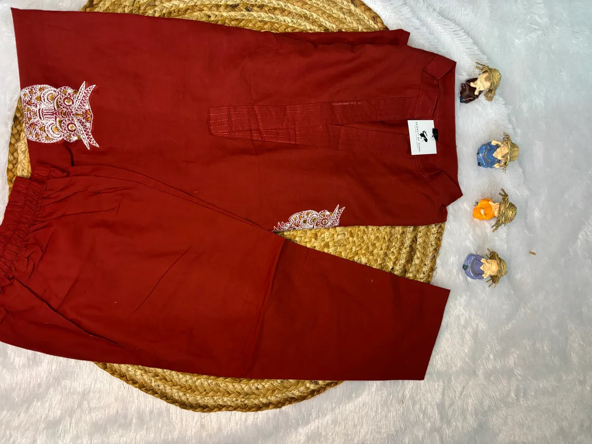 Maroon Cotton Partywear 2pc Suit Set For Women