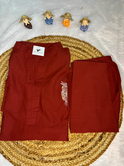 Maroon Cotton Partywear 2pc Suit Set For Women