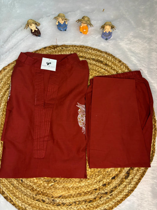 Maroon Cotton Partywear 2pc Suit Set For Women
