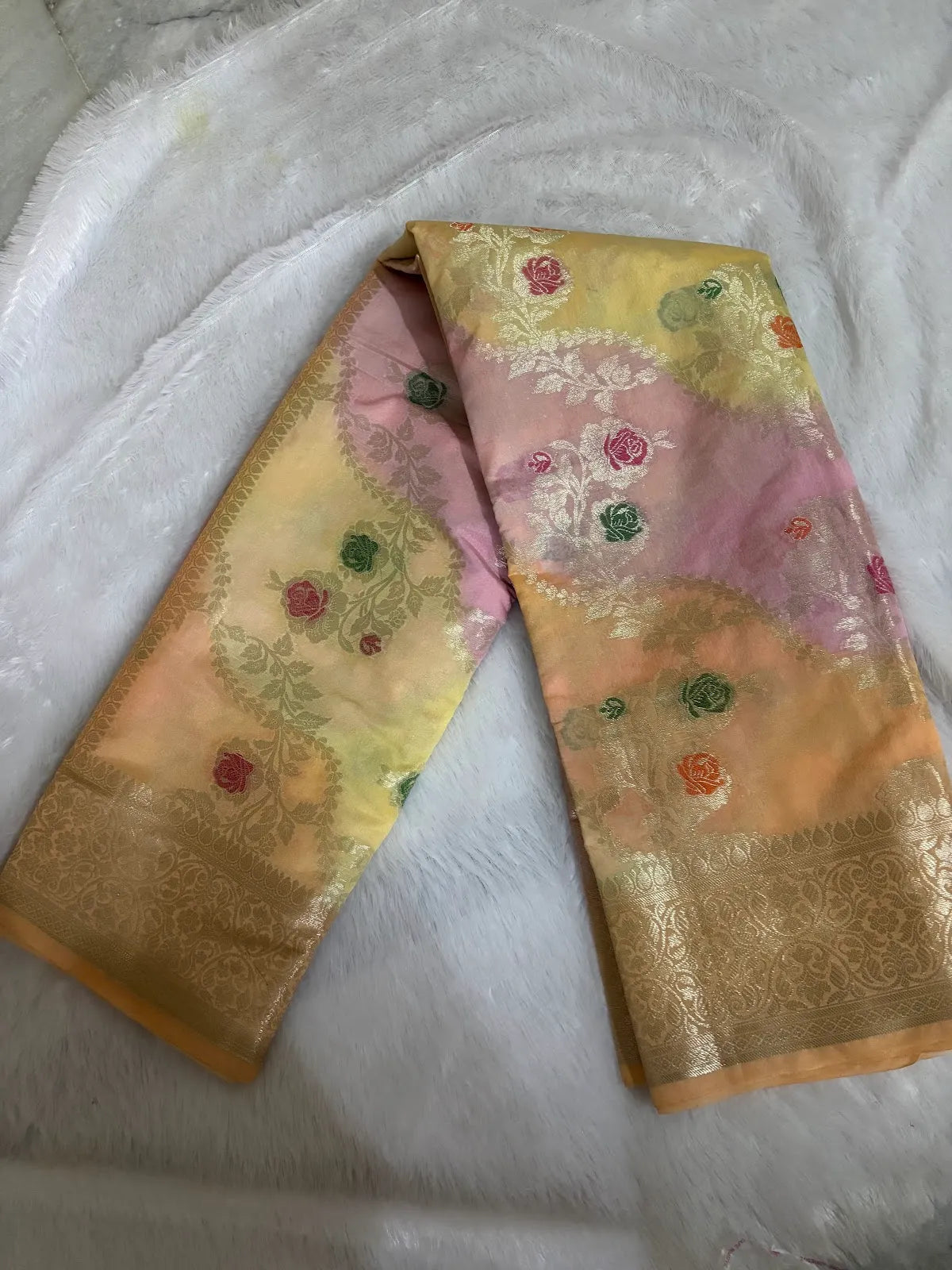 Hand Painted Yellow Cream and Light pink Soft Organza Partywear Saree For Women