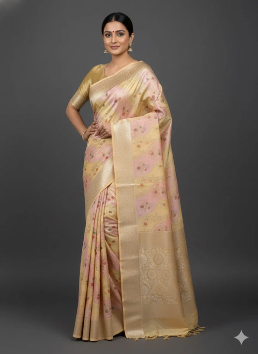 Hand Painted Yellow Cream and Light pink Soft Organza Partywear Saree For Women
